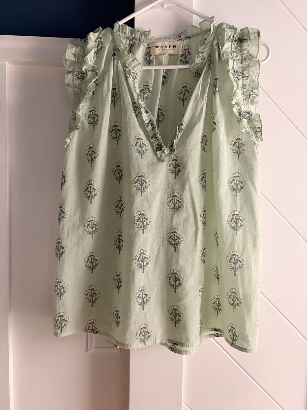 Woven by Synergy Organic Clothing Pale Green Floral Ruffle V-Neck Tank